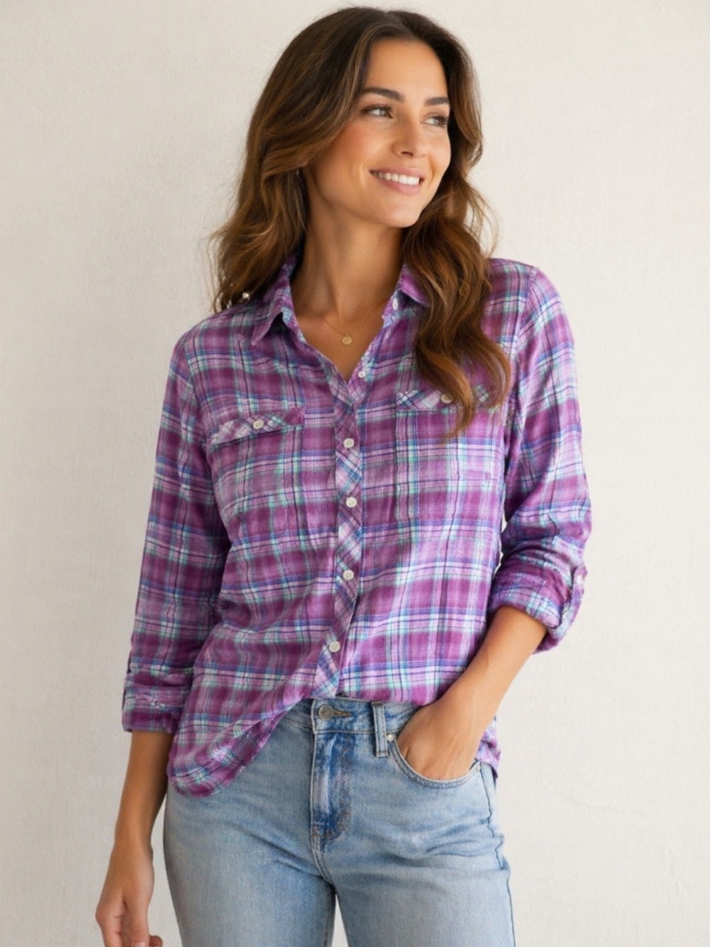 Eddie Bauer Burnished Lilac,Teal,and Dutch Canal Plaid Button-Up Size-Small